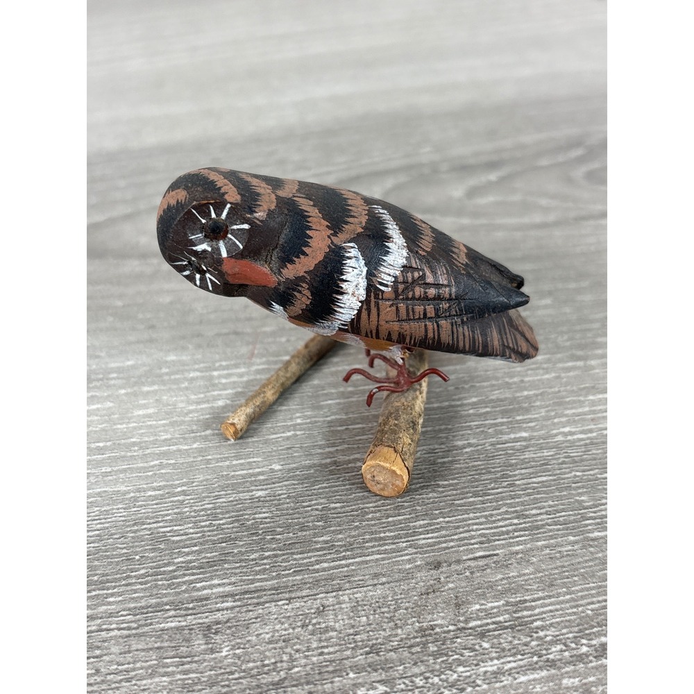 Vintage Hand Carved Wooden Owl Figurine Miniature Folk Art Bird on Twig Perch